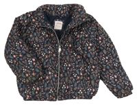 Tmavomodrá šušťáková prešívaná zimná bunda s kvietkami Lefties