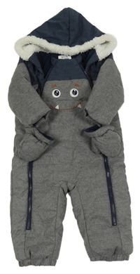 Tmavomodro-šedá šusťáková zimní kombinéza s příšerkou a kapucí C&A