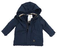 -Nové Tmavomodrá šušťáková zimná bunda s nášivkou a kapucňou Topomini