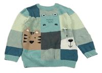 Zeleno-modrý kostkovaný svetr se zvířátky George