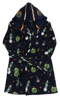 Tmavomodrý chlupatý župan s raketami a kapucí Hema