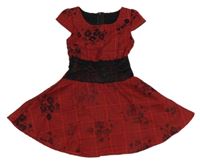 Červeno-černé kostkované šaty s květy a krajkou