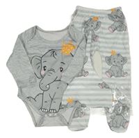 Nové - 3set - Modro-bílé melírované body se slonem + kalhoty + čepice