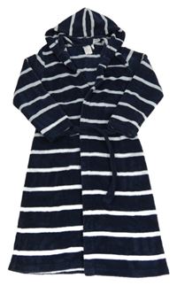 Tmavomodro-svetlomodrý pruhovaný chlpatý župan s kapucňou