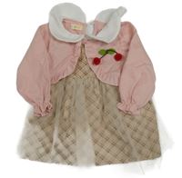 Béžové kockované šaty so sieťovinou a bolerkom