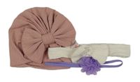 3x - Růžová turbanová čepice + bílá čelenka + fialová čelenka 