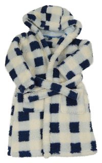 Bílo-tmavomodro-modrý kostkovaný huňatý župan s kapucí Dunnes