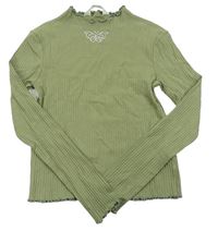 Khaki rebrované crop tričko s motýlkem z kamínků zn. H&M