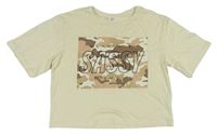 Smotanové crop tričko s army potlačou s nápismi Candy Couture