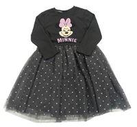 Tmavošedé žebrovano/tylové šaty s Minnie a puntíky PRIMARK