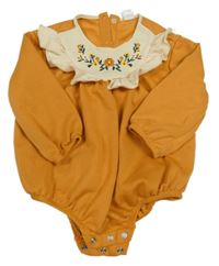 Medovo-světlebéžové teplákové body s kytičkami a volánkem SHEIN