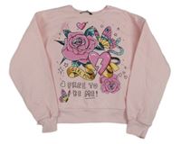 Svetloružová crop mikina s růžemi a motýlikmi a srdiečkami George