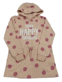 Pudrová bodkovaná á tepláková šatová tunika s nápismi a kapucňou dopodopo