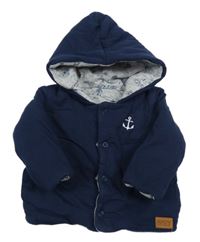 Tmavomodrý zateplený oboustranný kabátek s kotvou a kapucňou Topomini