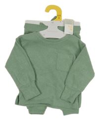 Nové - 2Set - Olivová melírovaná žebrovaná úpletová mikina s kapsou + tepláky PRIMARK