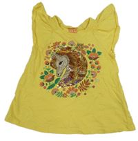 Žluté melírované tričko s jednorožcem s flitry a kytičkami C&A