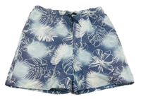 Tmavomodro-svetlomodré plážové kraťasy s listami a kvetmi