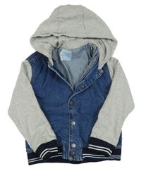 Modro/šedý riflovo/teplákový bomber s pruhy a kapucí PRIMARK