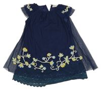 Tmavomodré tylové šaty s rozkvetlými větvičkami a vtáčky a čipkou Zara