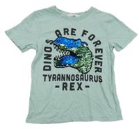 Olivovošedé tričko s dinosaurem z překlápěcích flitrů a nápisy H&M
