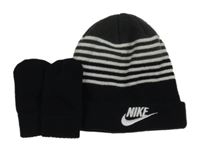 2Set - Černo-bílo-tmavošedá pletená čepice s logem a pruhy Nike + rukavice 