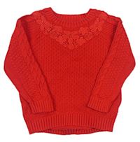 Červený sveter s copánkovým vzorom a kvietkami Nutmeg