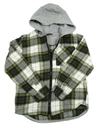 Khaki-bílo-černá kostkovaná košilová bunda s teplákovou kapucí Primark