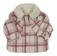 Světlebéžovo-růžovo-vínová kostkovaná vlněná košilová bunda F&F