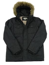 Černá šusťáková zimní bunda s kapucí s kožešinou Kangaroo Poo