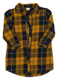 Medovo-tmavomodro-bílé kostkované flanelové propínací košilové šaty Next