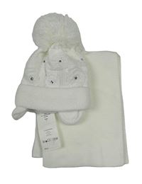 Nové - 2set - Bílá pletená čepice s kamínky a bambulí + šála