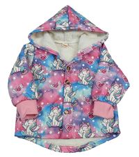 Růžovo-modrá batikovaná zateplená bunda s jednorožci a kapucí