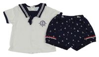 2set - Bílé tričko s límečkem a výšivkou + tmavomodré kraťasy s loďkami