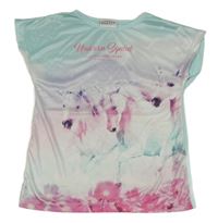 Světlemodro-bielo-ružové športové tričko s koňmi Infinity Kids