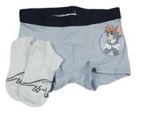 2set - Světlemodré boxerky s Tomem a Jerrym + bílé kotníkové ponožky s dinosaurem