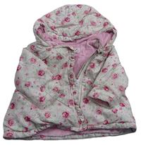Smetanovo-ružová kvetovaná šušťáková zateplená bunda s kapucňou