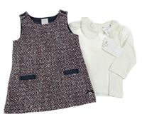 Nové - 2 set - bílé triko s límečkem + tmavomodro-červené vzorované vlněné šaty Jasper Conran