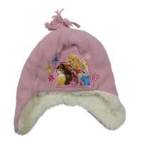 Ružová trblietavá fleecová čapica s Disney princeznami a strapcemi Yd.
