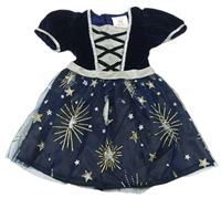 Kockovaným - Tmavomodré sametovo/tylové šaty s hviezdami