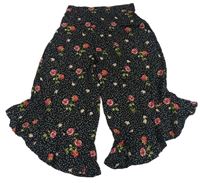 Černé puntíkaté květované crop lehké kalhoty Next