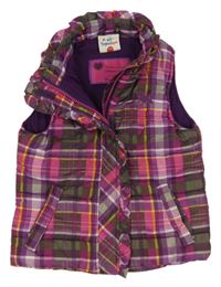Fialovo-ružovo-zelená kockovaná šušťáková zateplená vesta s koníkem Topolino