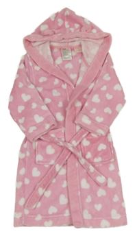 Růžovo-bílý plyšový župan se srdíčky a kapucí H&M