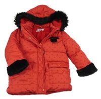 Červeno-černá puntíkatá šusťáková zimní bunda s Minnie a kapucí s kožešinou George