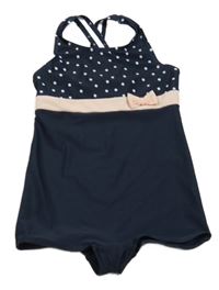 Tmavomodro-bielo-ružové jednodielne plavky s bodkami a mašlou Topolino