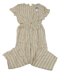 Nové - Béžovo-biely pruhovaný ľanový culottes overal s prestrihmi Primark