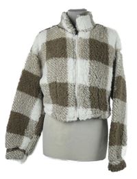 Dámská hnědo-bílá kostkovaná huňatá crop bunda 