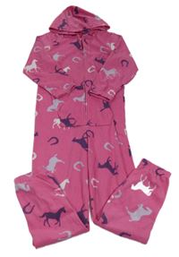 Ružová fleecová kombinéza s koníky a kapucňou
