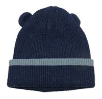 Tmavomodrá pletená čapica s modrým proužkem a uškami