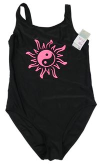 Nové - černé plavky s růžovým potiskem Primark