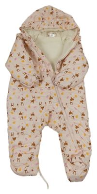 Světlerůžová šusťáková zimní kombinéza se srnkami a kapucí Ergee